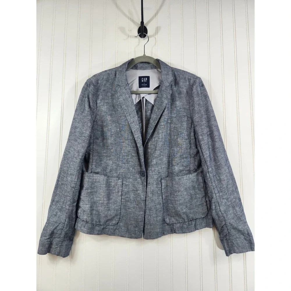 Gap Womens Blue Linen Blend Single Button Blazer Jacket Size 10‎ Chambray Summer